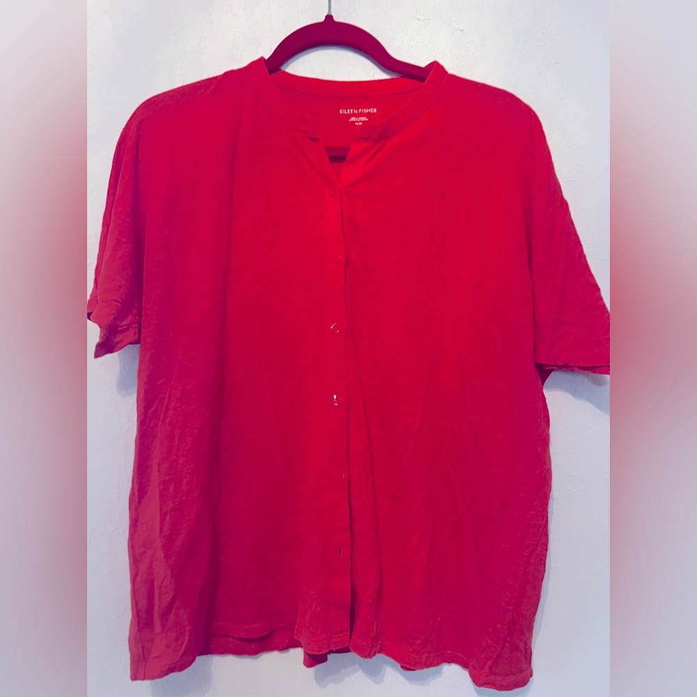 Eileen Fisher Coral Orange Button Down Blouse Sz M